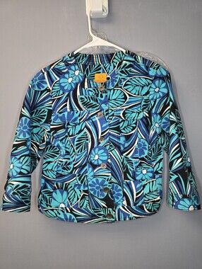 Ruby Rd. Abstract Floral Denim Jacket-Womens 8P/Petite 8/Medium-Blue/Black-